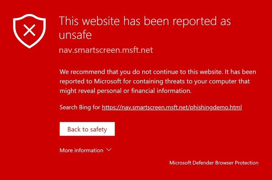 Предупреждение защитника Windows о небезопасном сайте