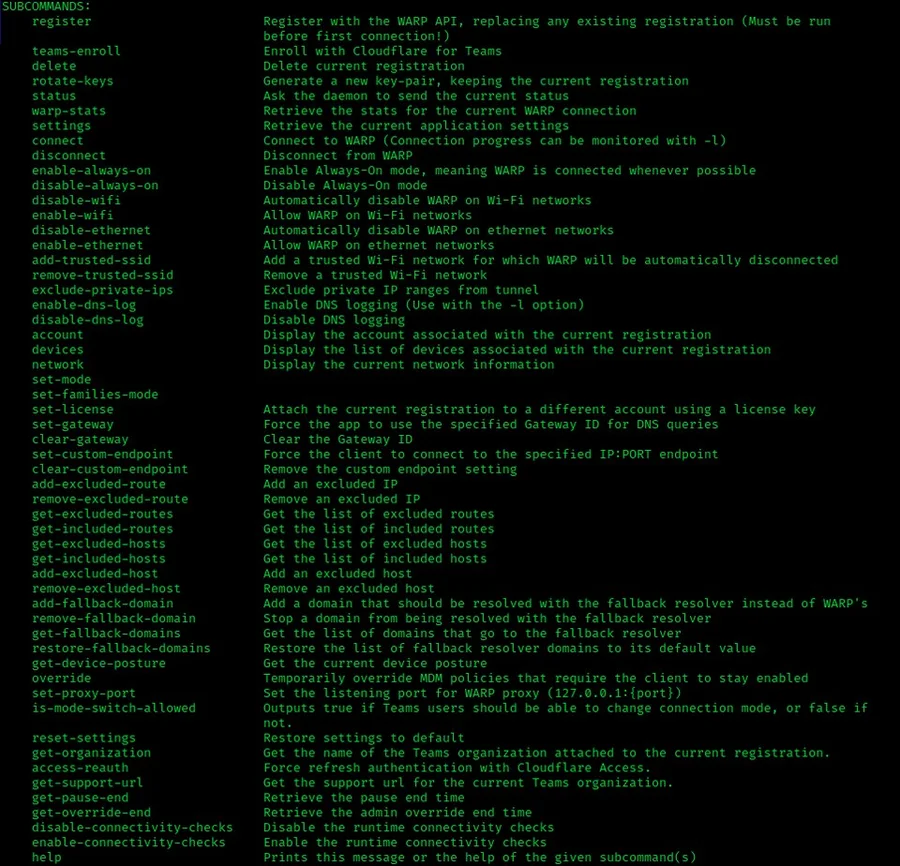 Список команд warp-cli в терминале