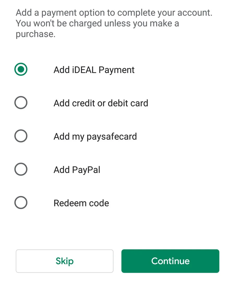 Выбор способа оплаты в Google Play