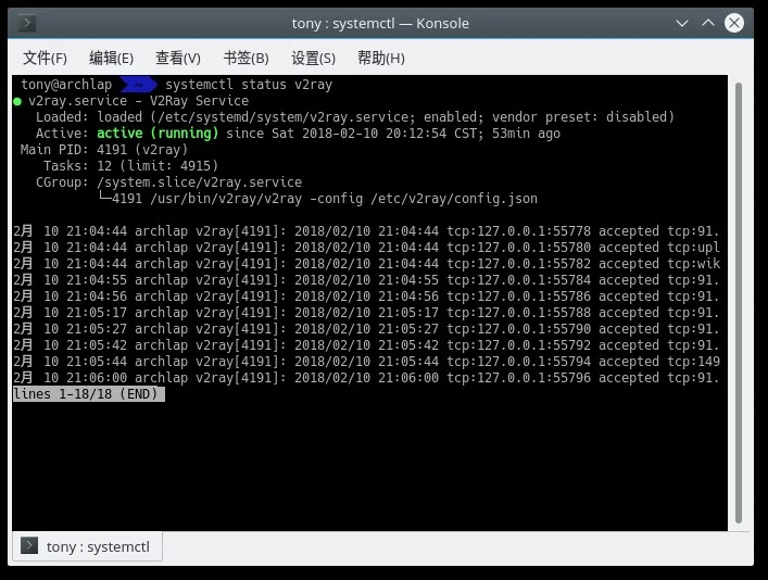 Статус сервиса V2Ray в терминале Linux