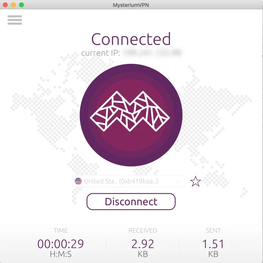 Окно VPN-клиента с кнопкой подключения и статусом Connected