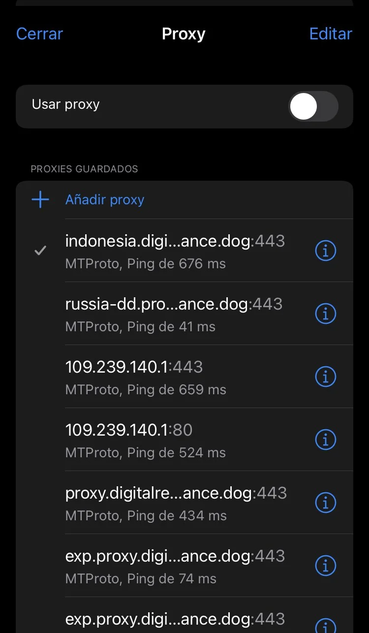 Экран сохранённых прокси MTProto в настройках Telegram