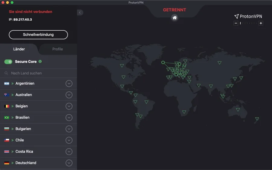 Окно Proton VPN на macOS с картой серверов