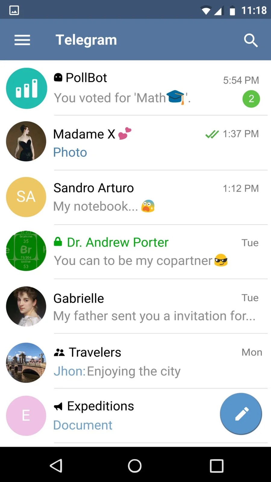 Список чатов в приложении Telegram на Android