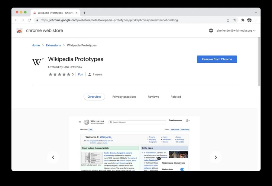 Страница расширения в магазине Chrome