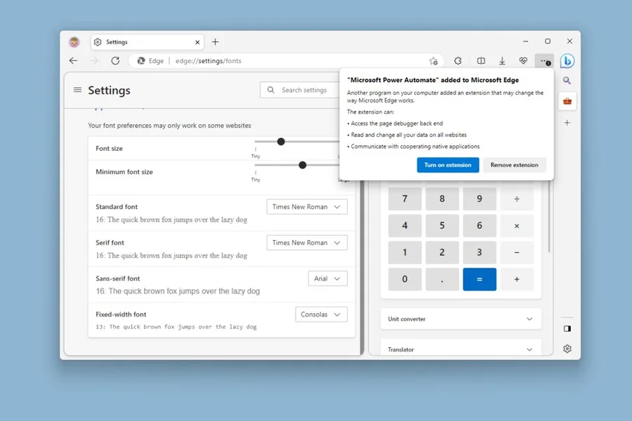 Меню настроек и расширений браузера Microsoft Edge