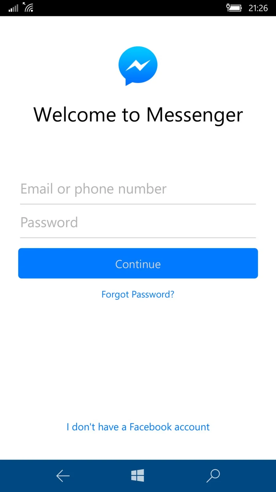 Экран входа в Facebook Messenger на смартфоне