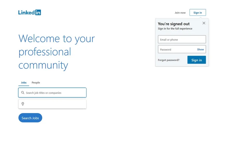 Стартовая страница LinkedIn с формой входа