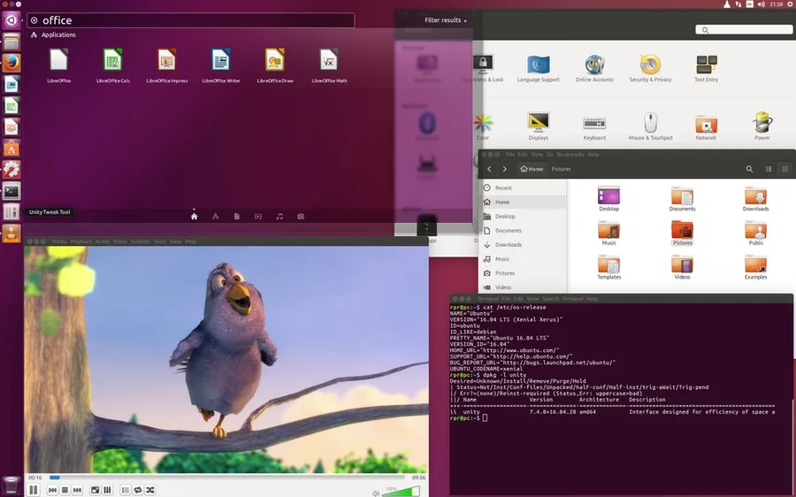 Рабочий стол Ubuntu с открытыми окнами
