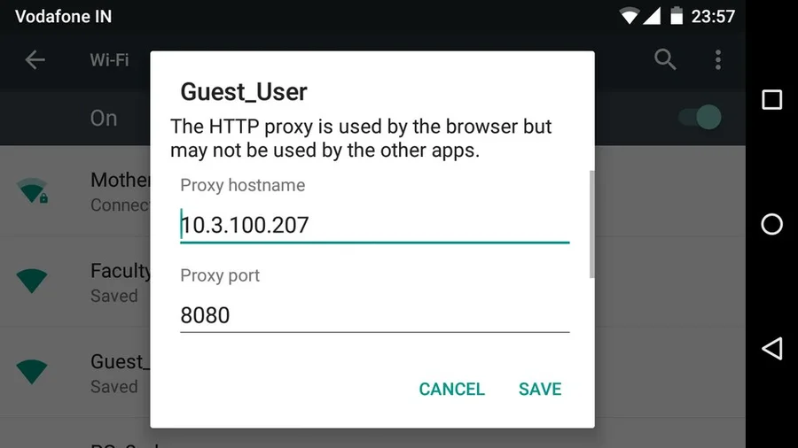 Окно настроек сети в Android