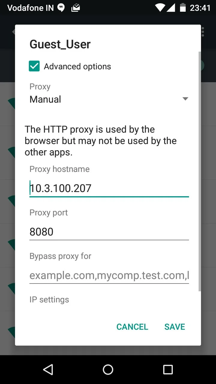 Экран сетевых настроек Android
